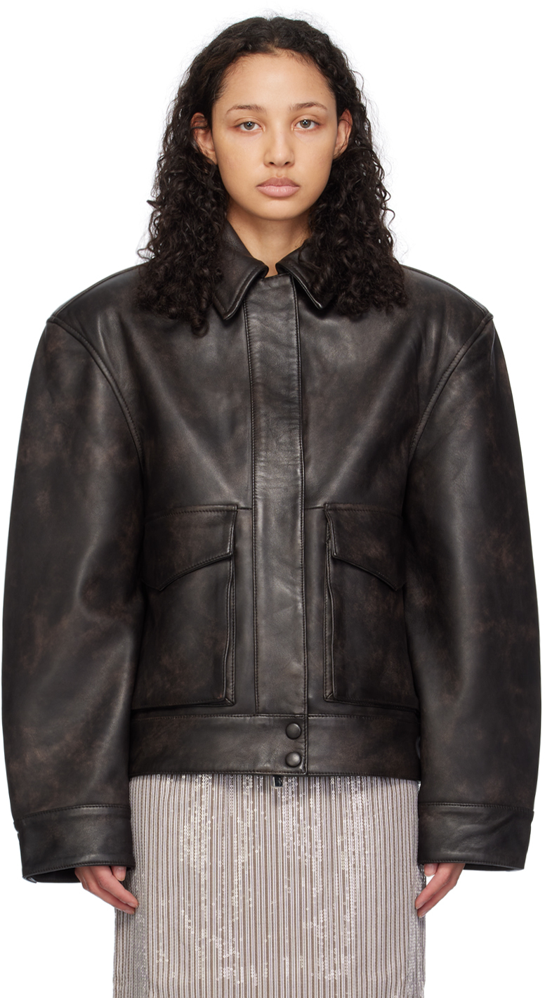 Shop Remain Birger Christensen Brown V-shaped Leather Jacket In 19-1118 Chestnut