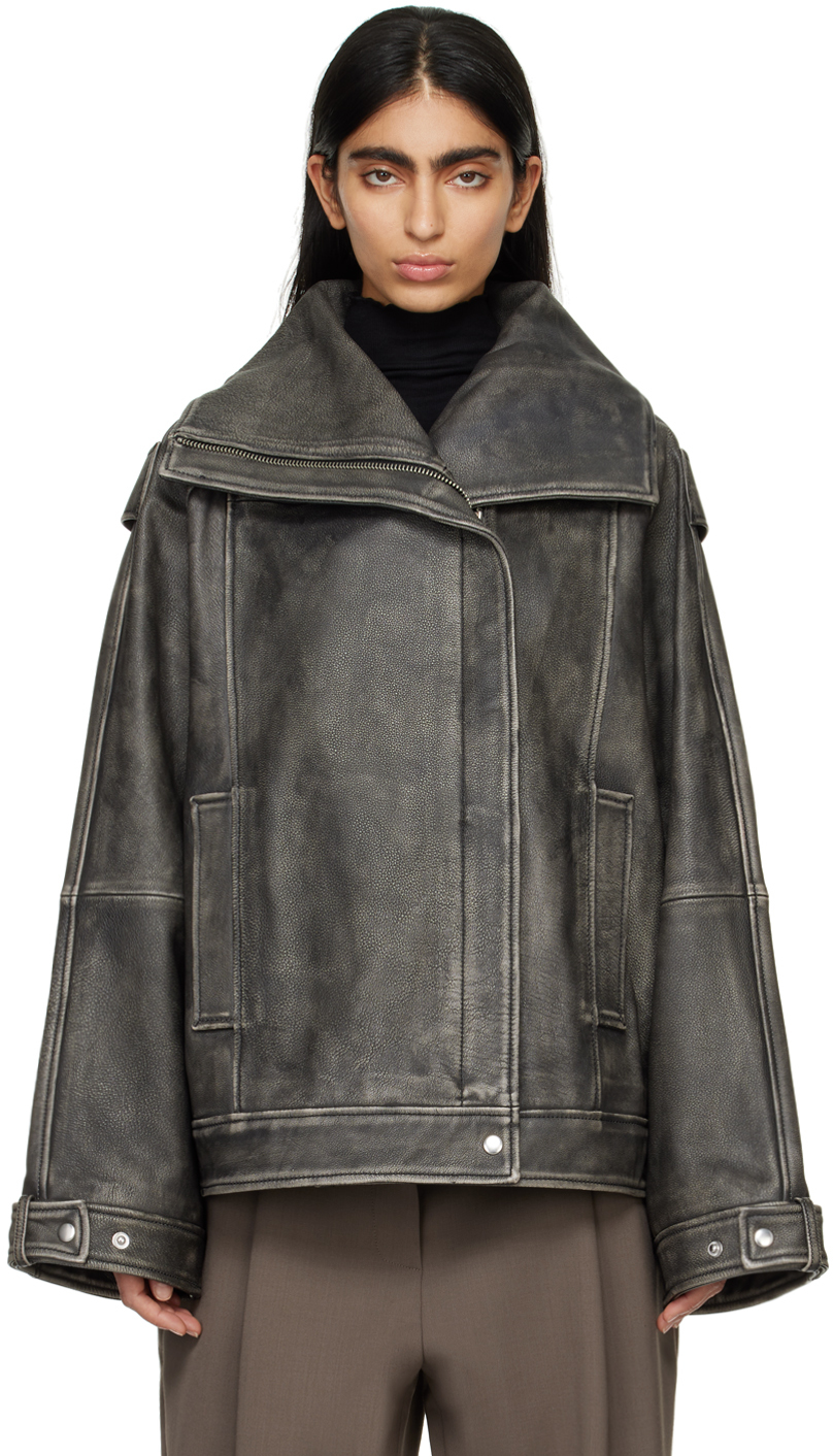 Shop Remain Birger Christensen Black Oversized Leather Jacket In 1000 Black