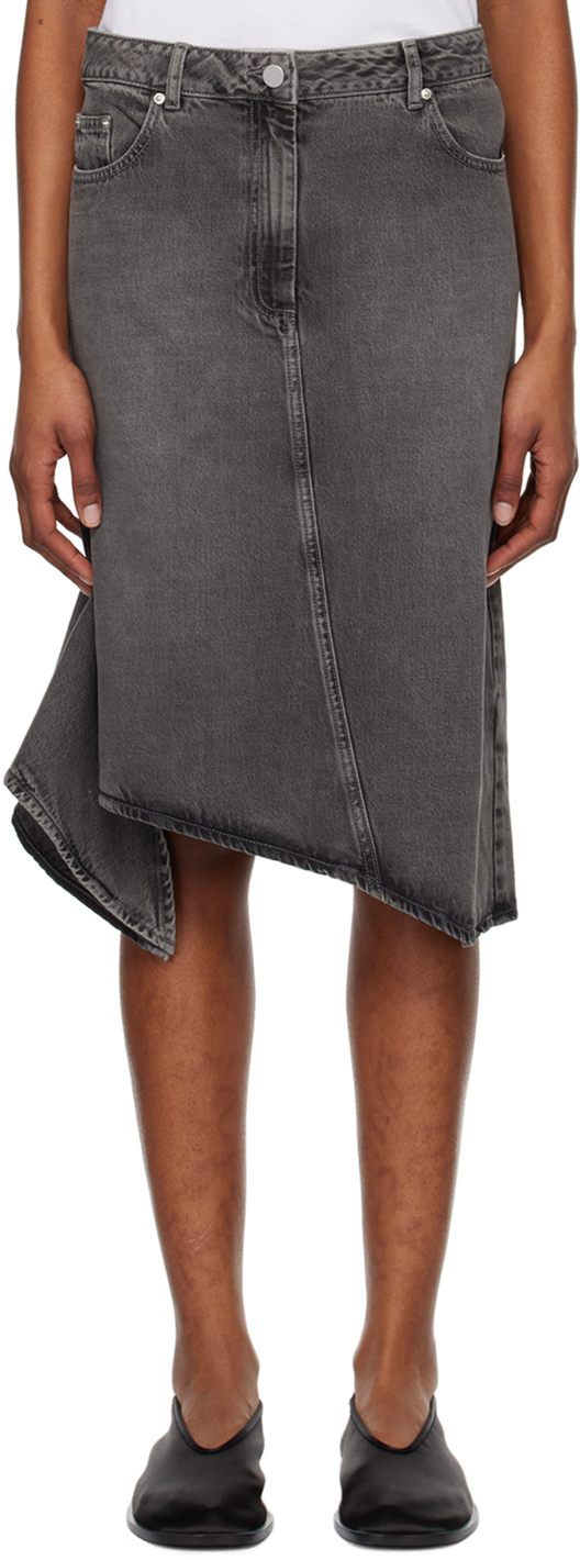 Shop Remain Birger Christensen Black Drapy Denim Midi Skirt In 17-3911 Silver Filig