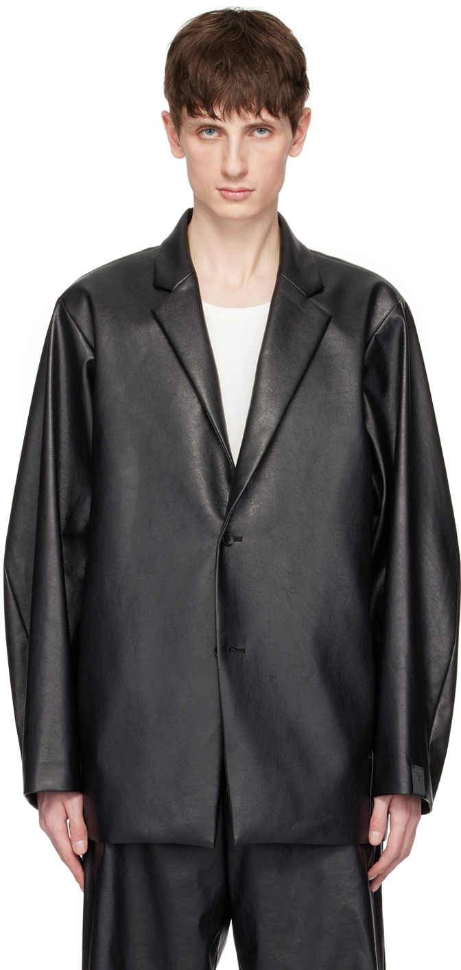 Black Padded Shoulder Faux-Leather Blazer