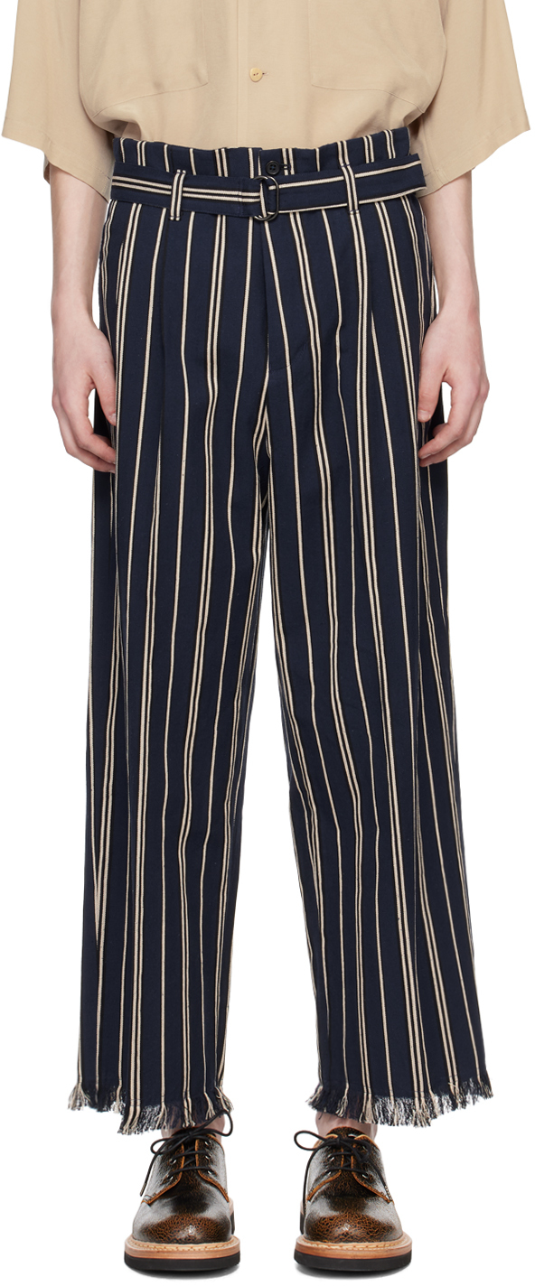 Navy Striped Trousers by YOKE on Sale