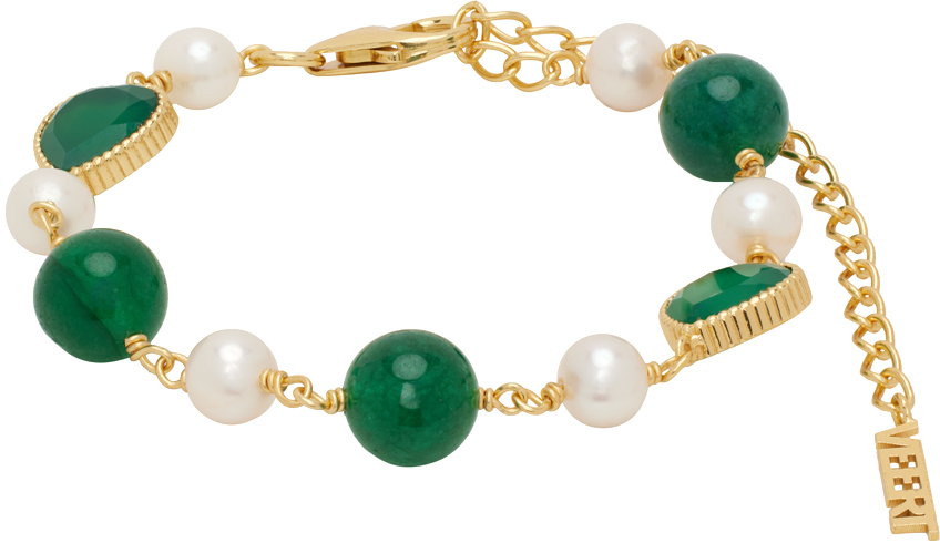 Veert Gold & Green Onyx Freshwater Pearl Bracelet In Yellow Gold