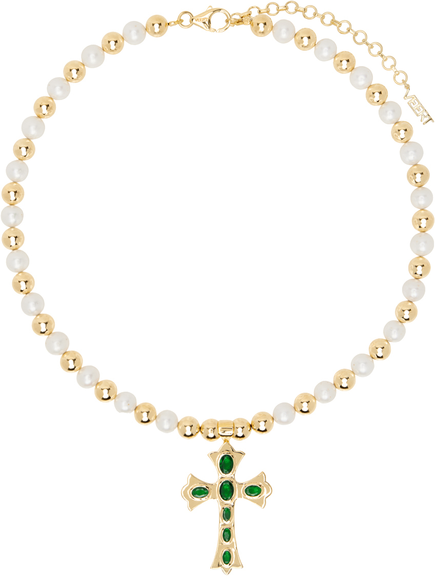 Gold & White 'The Green Cross Freshwater Pearl' Necklace