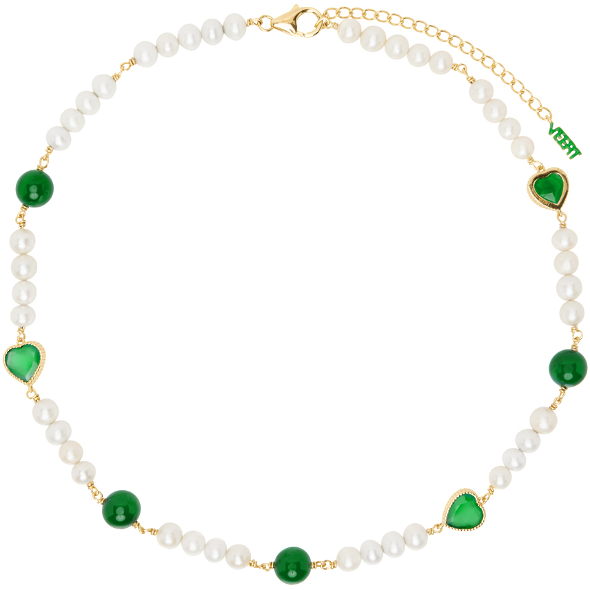White & Gold 'Green Onyx Freshwater Pearl' Necklace