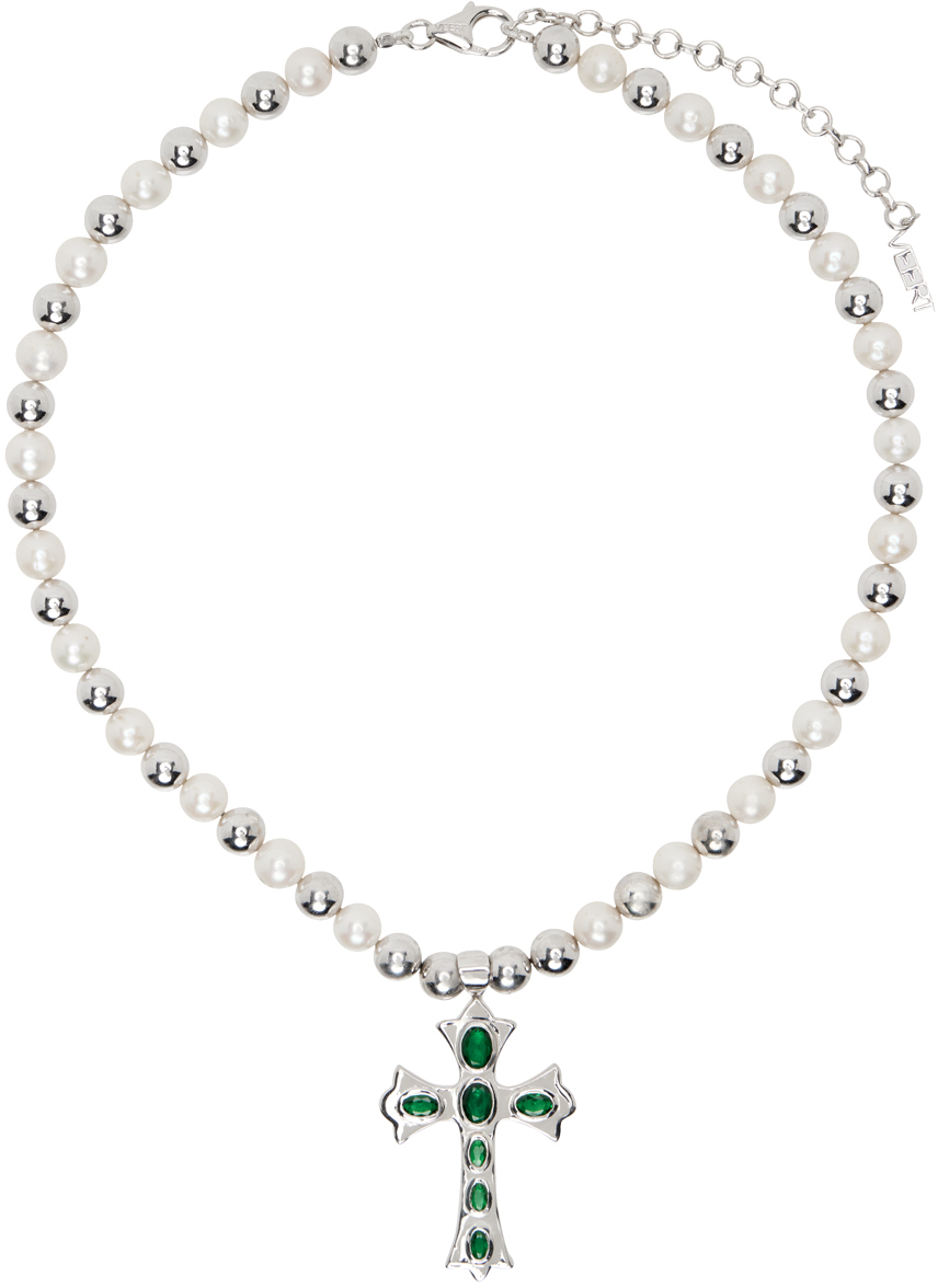 Shop Veert White Gold 'the Green Cross Freshwater Pearl' Necklace In White Gold/green