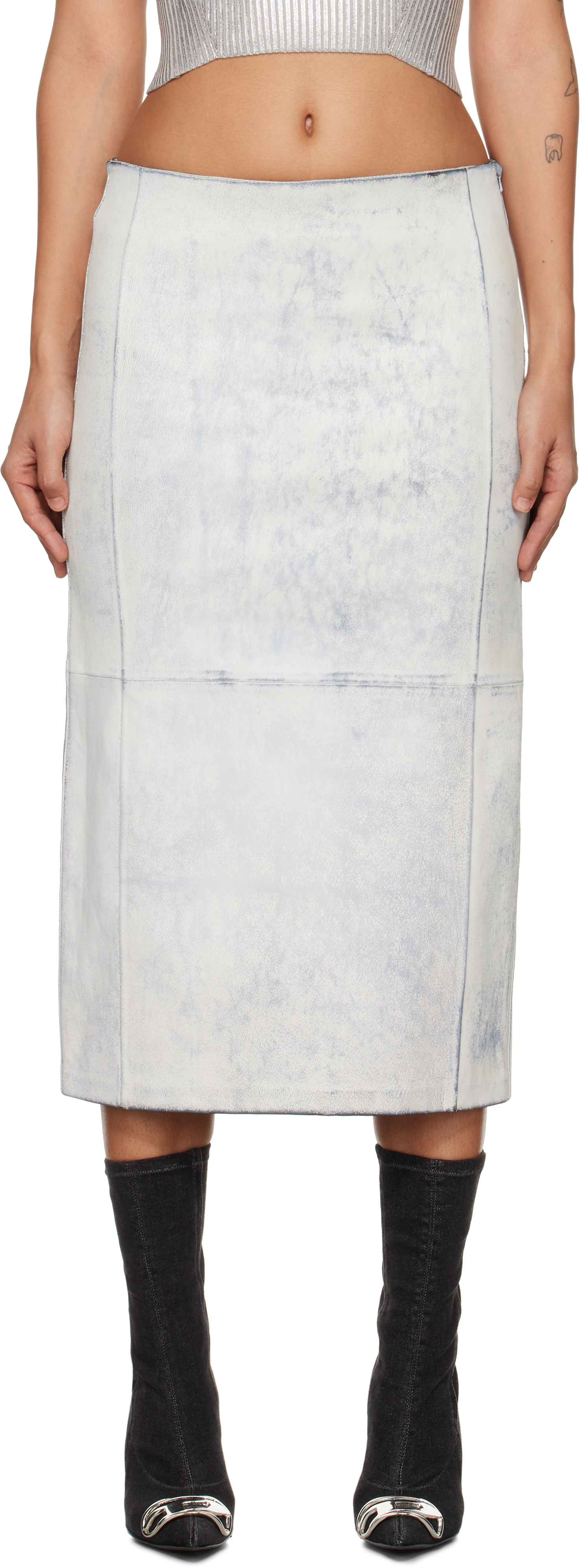 White L-Ily Leather Midi Skirt