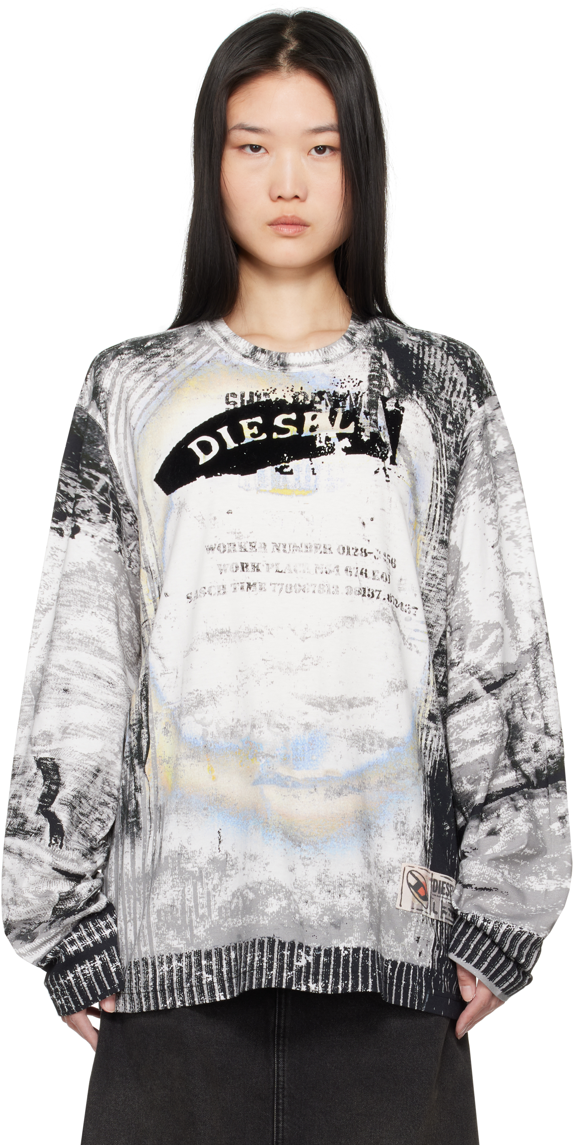 DIESEL WHITE & GRAY T-CRANE-LS-S4 T-SHIRT 