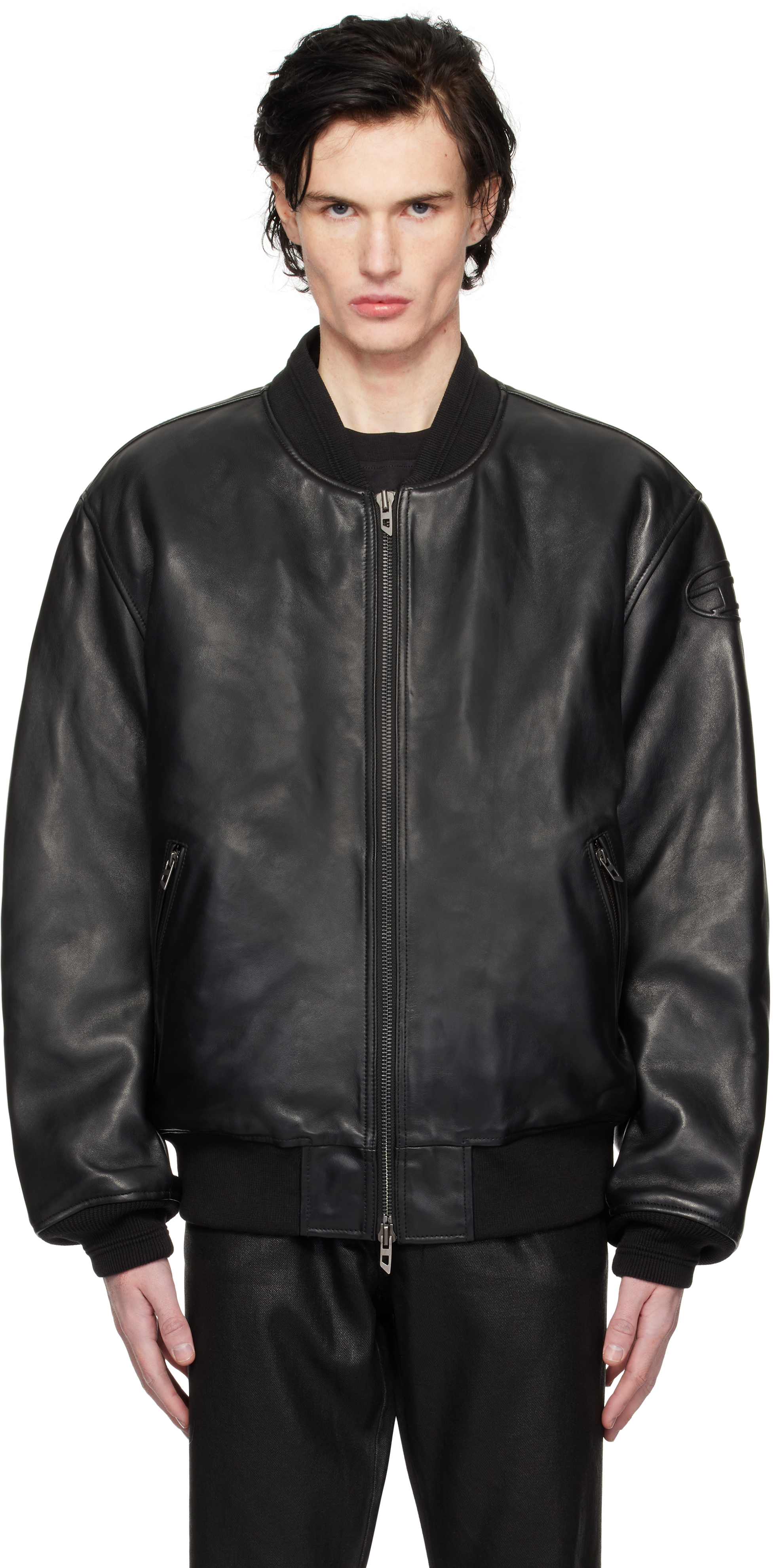 Black L-Khan Leather Bomber Jacket