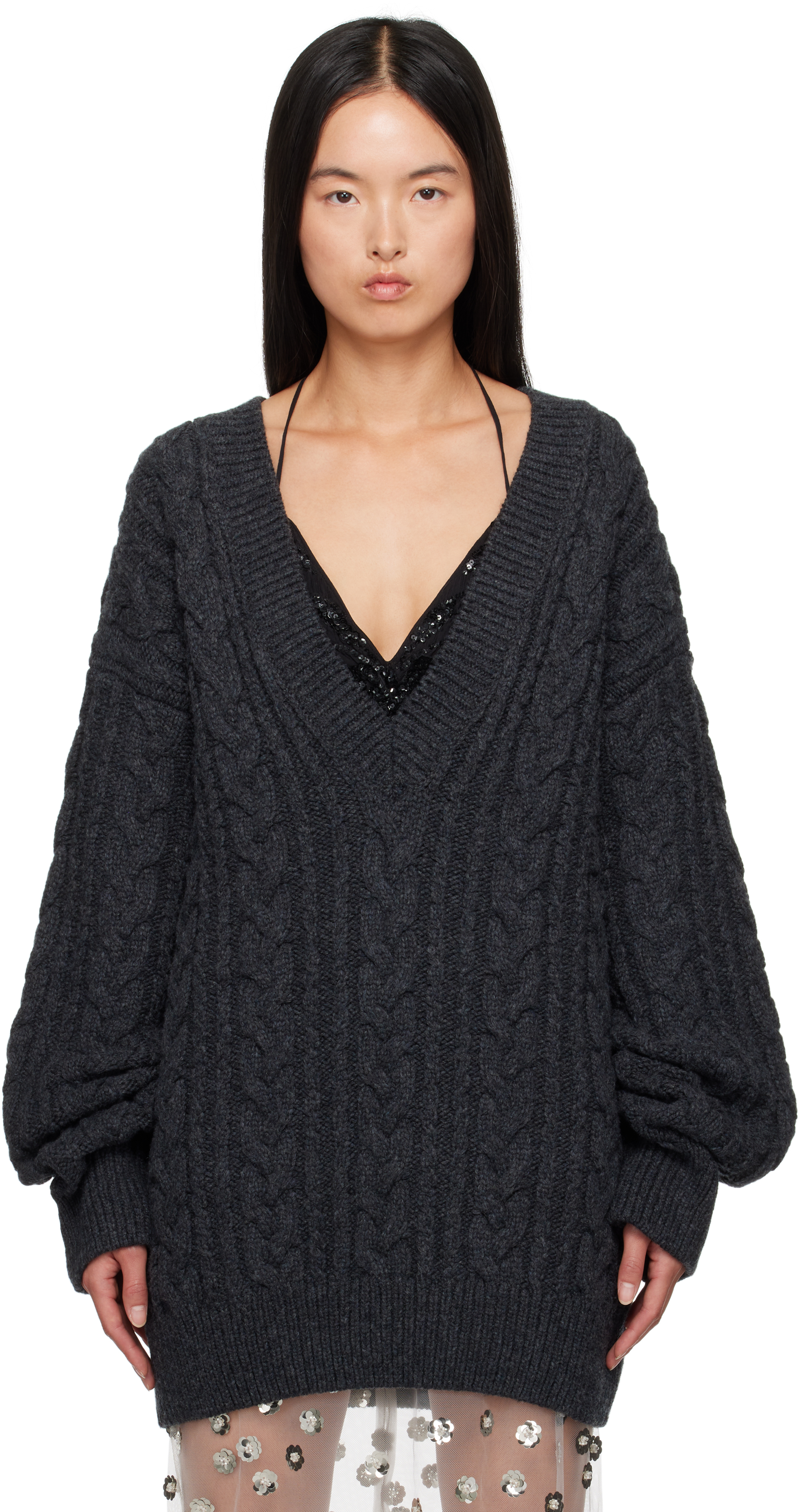 Cecilie Bahnsen グレー ケーブルニット XS/S Cecilie Bahnsen Mock Neck Sweater w/ Tags - Grey Knitwear