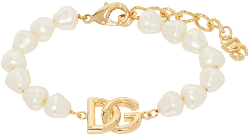 White & Gold Link Pearls Bracelet