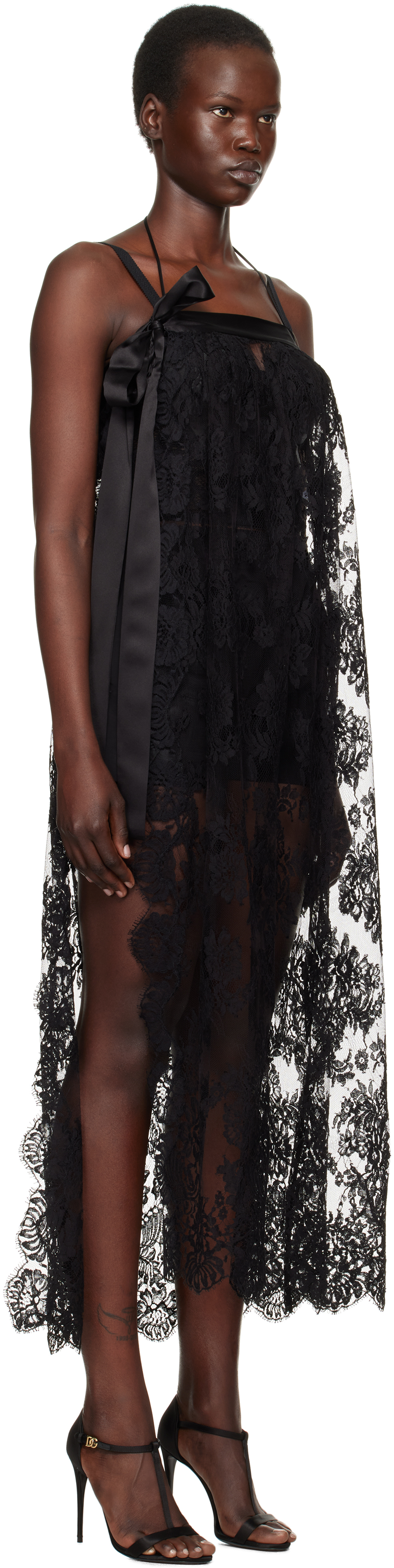 Dolce & Gabbana Black Calf-length Chantilly Lace Midi Dress In N0000 Nero