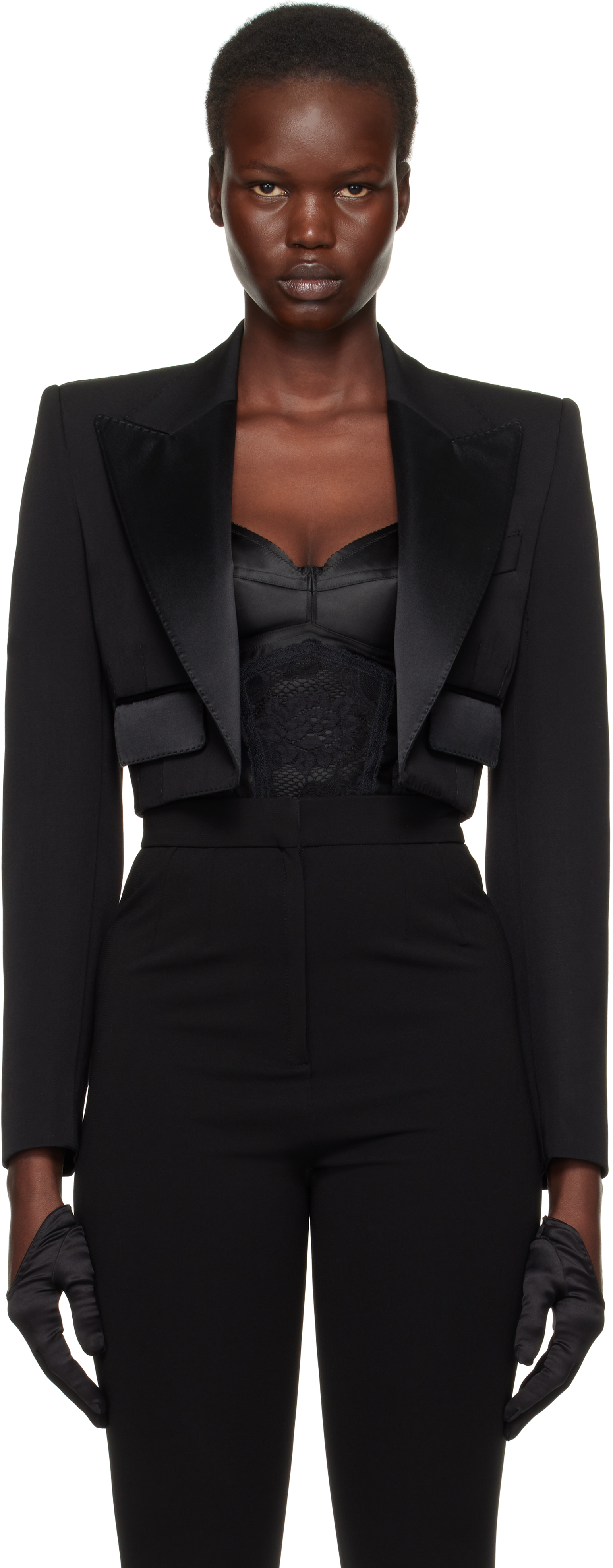 Black Wool Gabardine Spencer Tuxedo Blazer