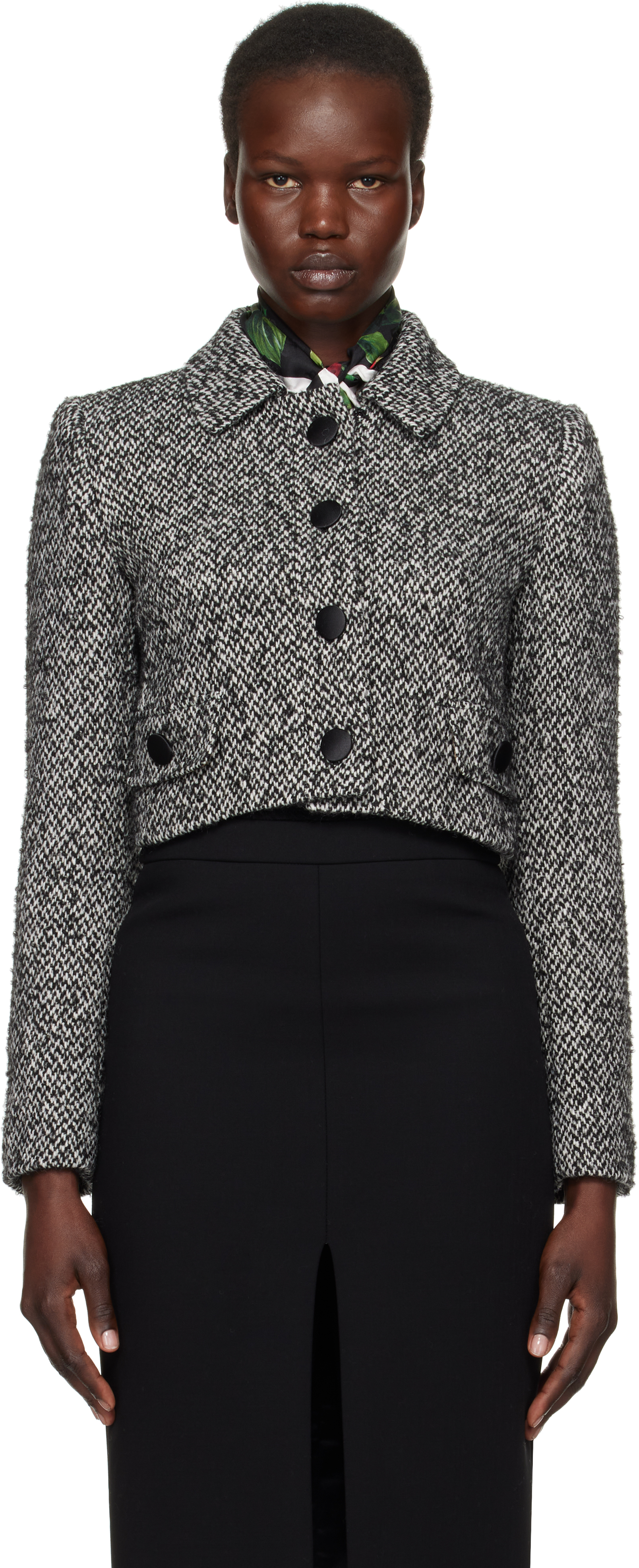 Black & White Short Wool Micro-Tweed Jacket