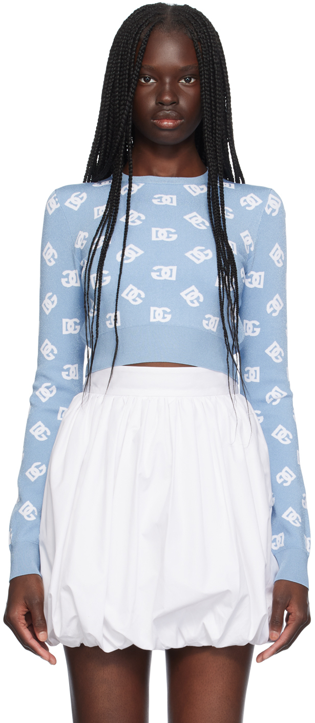 Blue Cropped Jacquard Logo Sweater