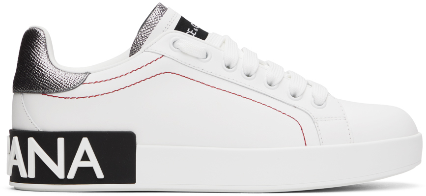 Shop Dolce & Gabbana White Calfskin Nappa Portofino Sneakers In 8b441 Bianco/argento