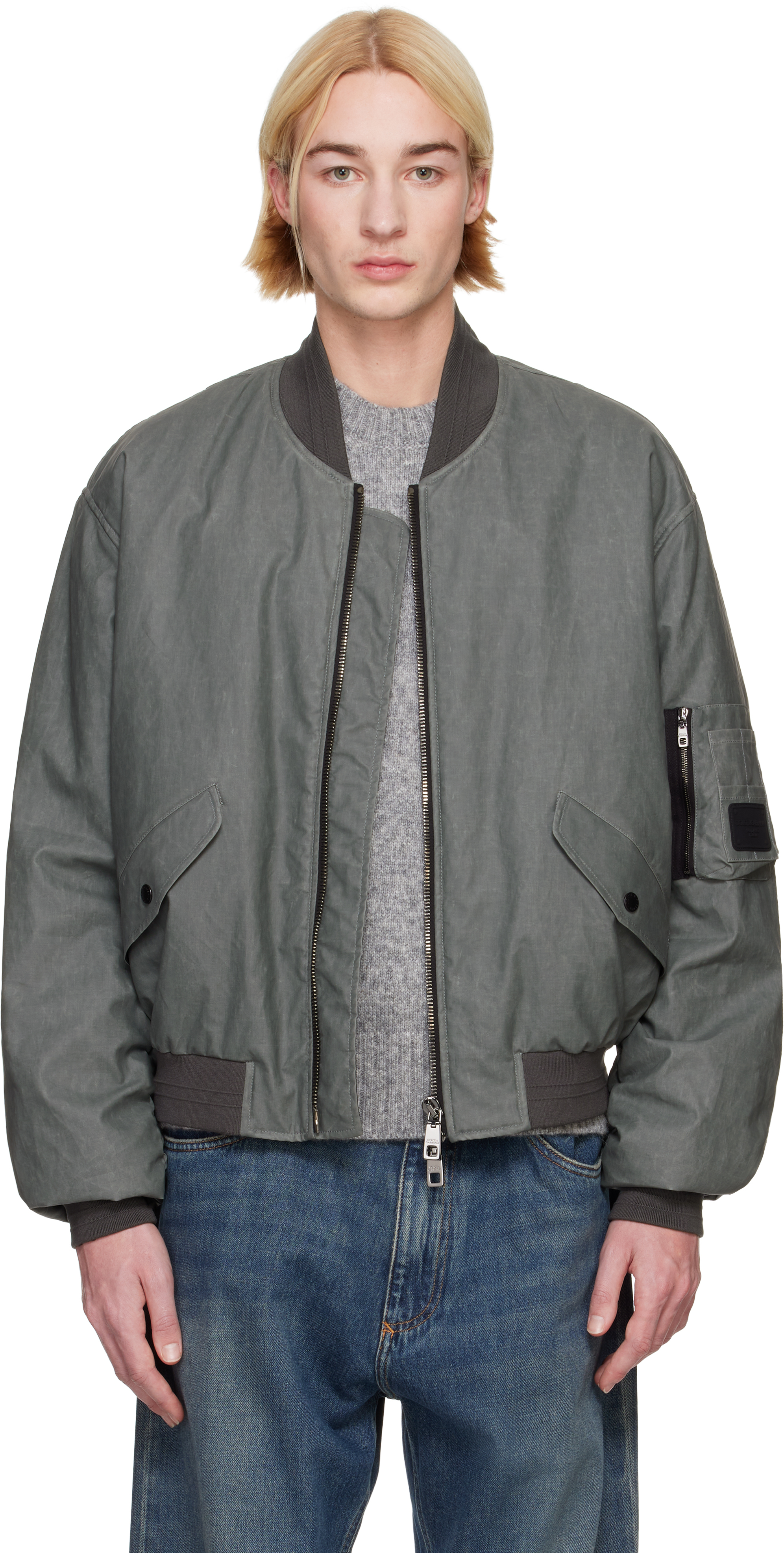 Gray Oversize Linen Bomber Jacket