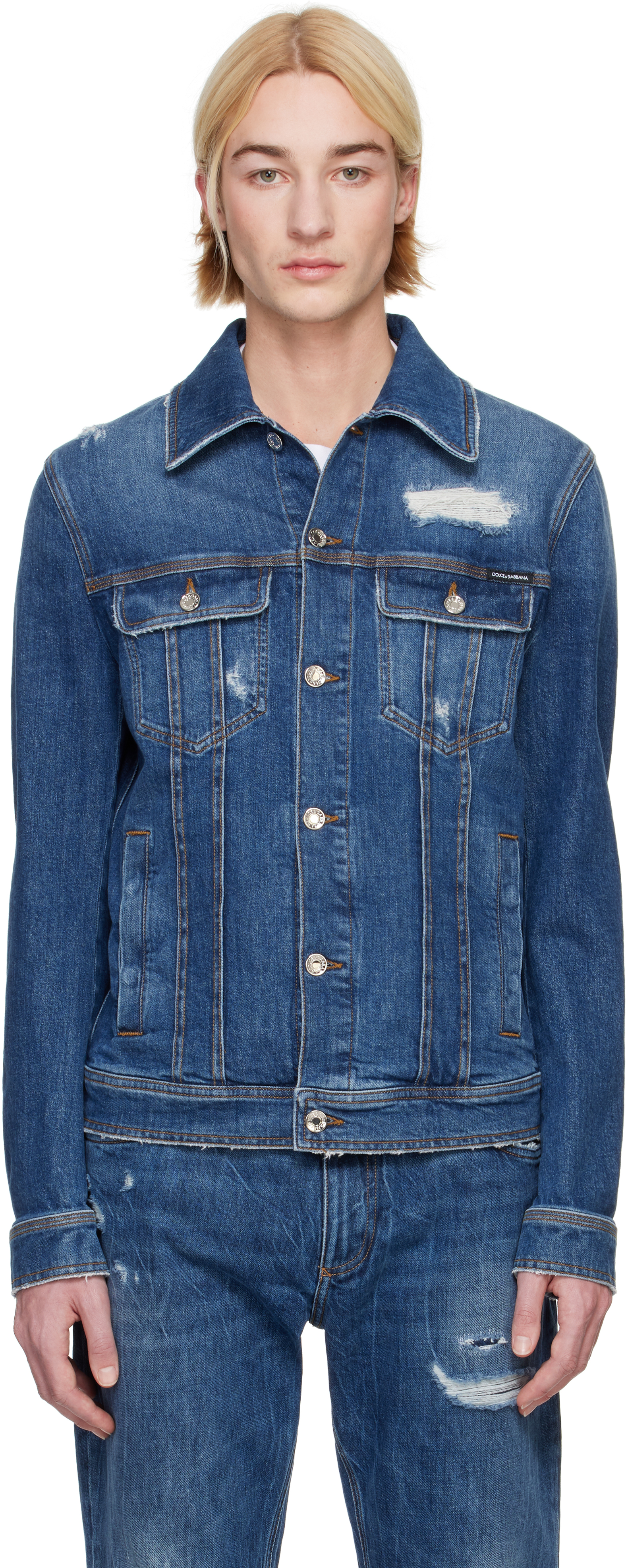 DOLCE & GABBANA デニムジャケット ブルー Dolce & Gabbana Washed Cotton Stretch Denim Jacket