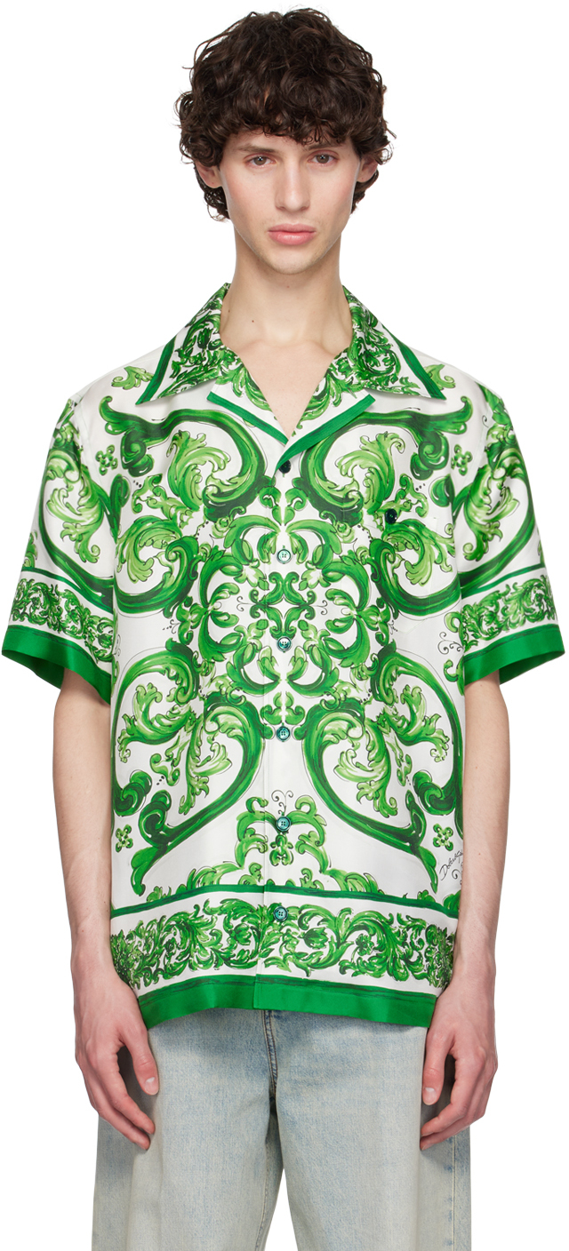 Shop Dolce & Gabbana Green & White Silk Shirt In H85dq