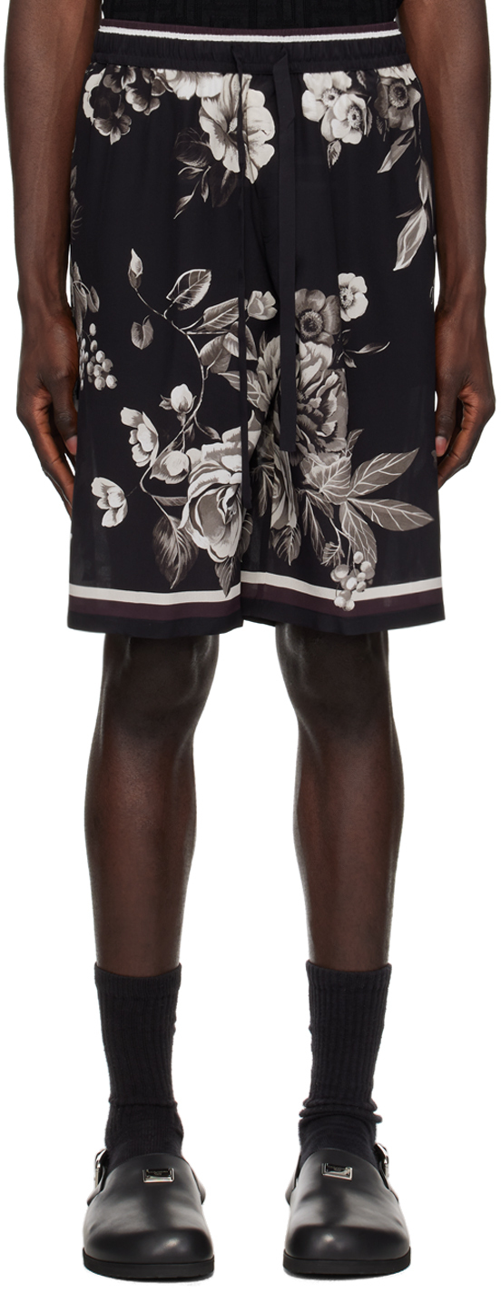 Shop Dolce & Gabbana Black Floral Print Silk Shorts In Hn5dy Fiori Grig Ner