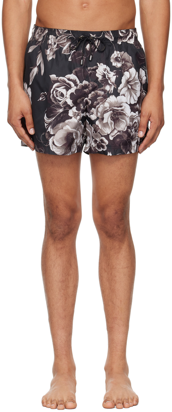 Black Floral Print Swim Shorts