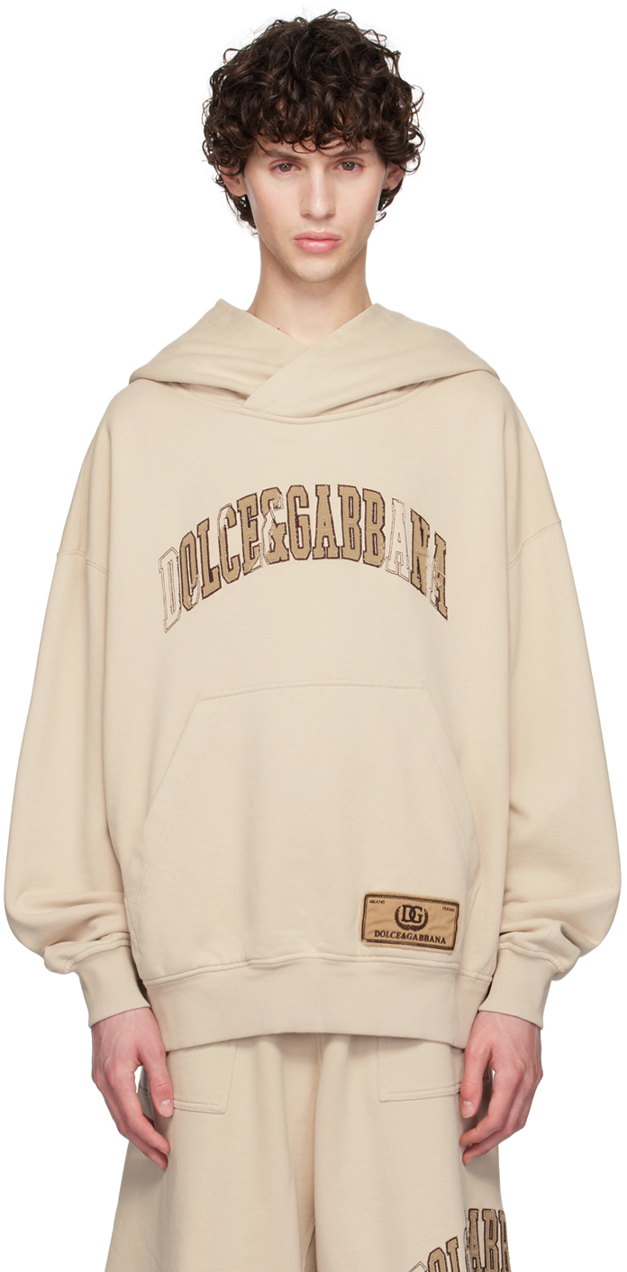 Shop Dolce & Gabbana Beige 'dolce&gabbana' Embroidery Hoodie In M0299 Pergamena Medi