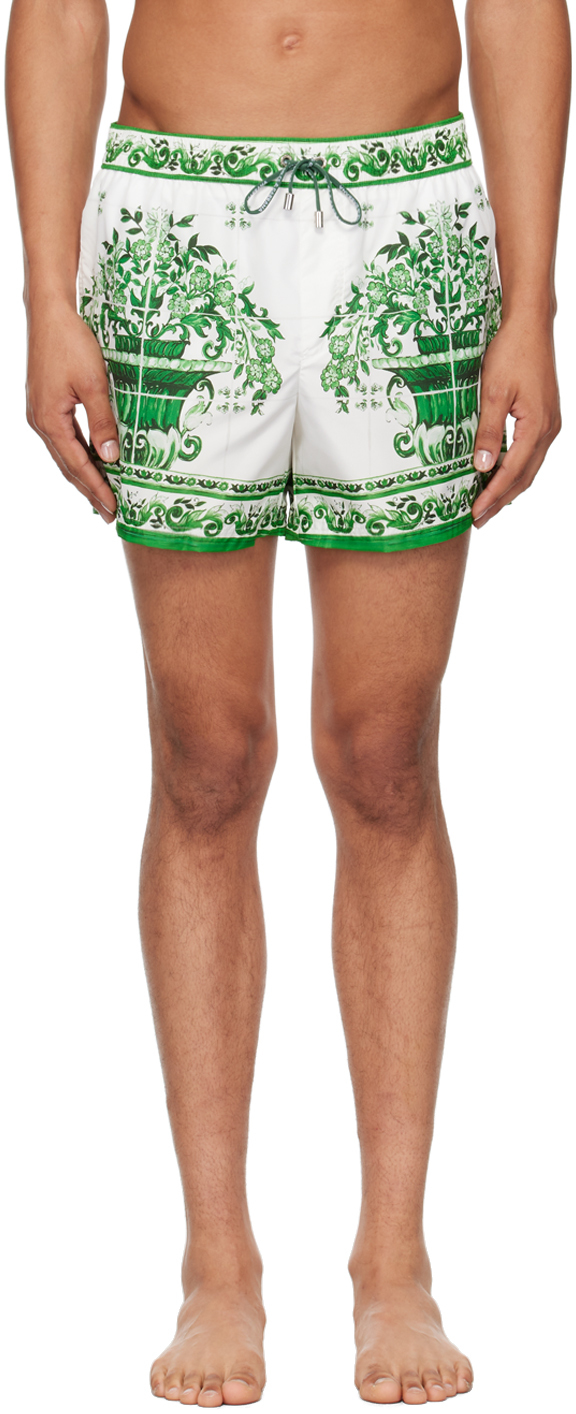 Shop Dolce & Gabbana Green & White Majolica Print Swim Shorts In Hv3tn Maioli Verd