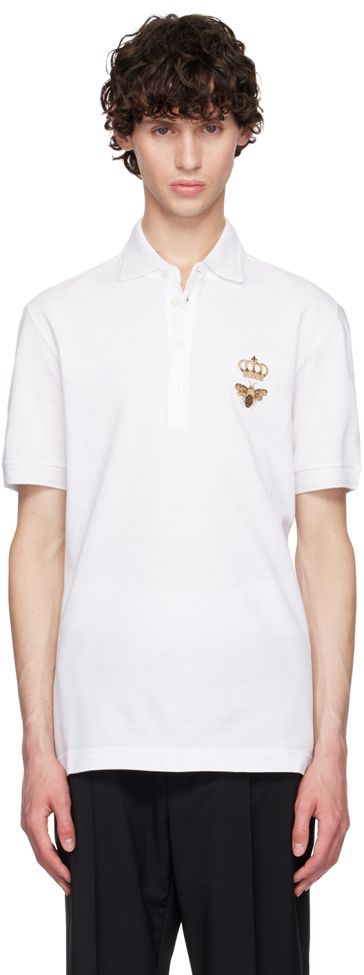 Shop Dolce & Gabbana White Embroidered-graphic Polo In Bianco Ottico