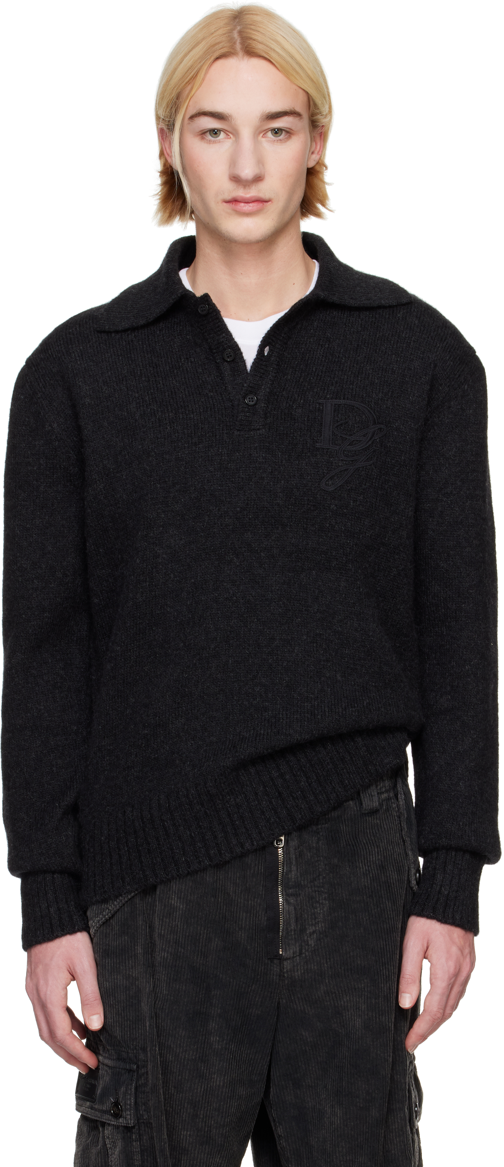 Gray Long-Sleeved Wool Polo