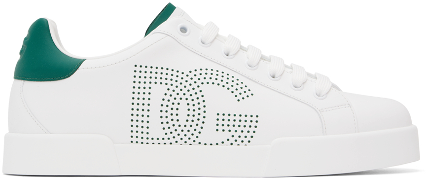 White & Green Calfskin Portofino Sneakers