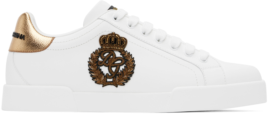 Shop Dolce & Gabbana White Portofino Sneakers In Bianco/oro Scuro