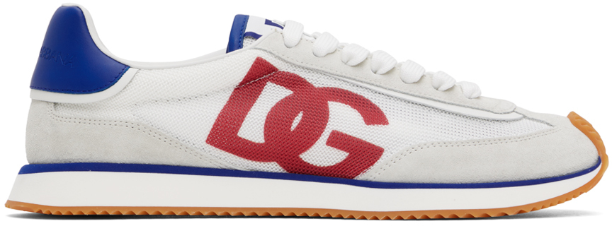 Shop Dolce & Gabbana White & Blue Mixed-material 'dg' Cushion Sneakers In 89926