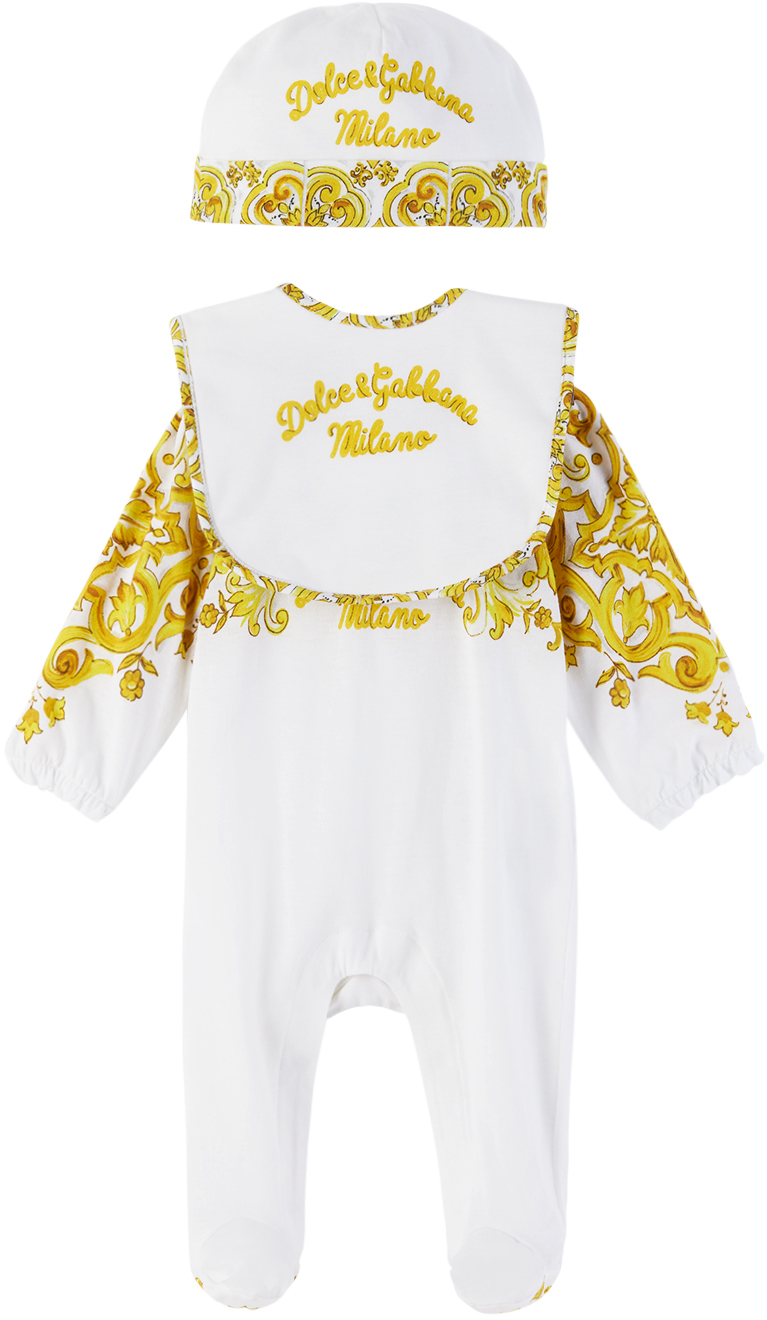 Shop Dolce & Gabbana Baby White & Yellow Majolica-print Three-piece Set In H03tn