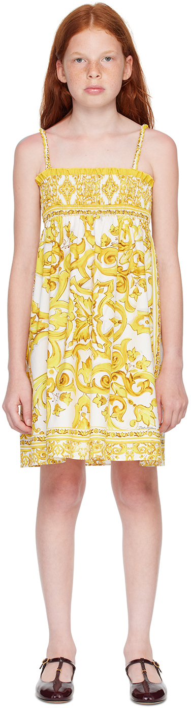 Shop Dolce & Gabbana Kids White & Yellow Majolica Print Dress In Hg3tn Mix Maiolica G