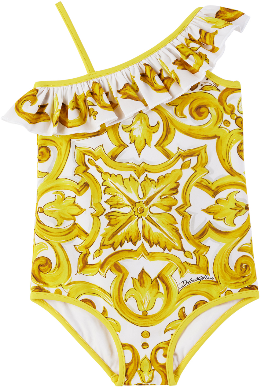 Shop Dolce & Gabbana Kids White & Yellow Majolica Print Swimsuit In H23tn