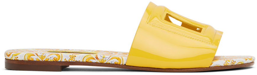 Dolce & Gabbana Kids Yellow Patent Leather Majolica Print Sandals In Hg3ob