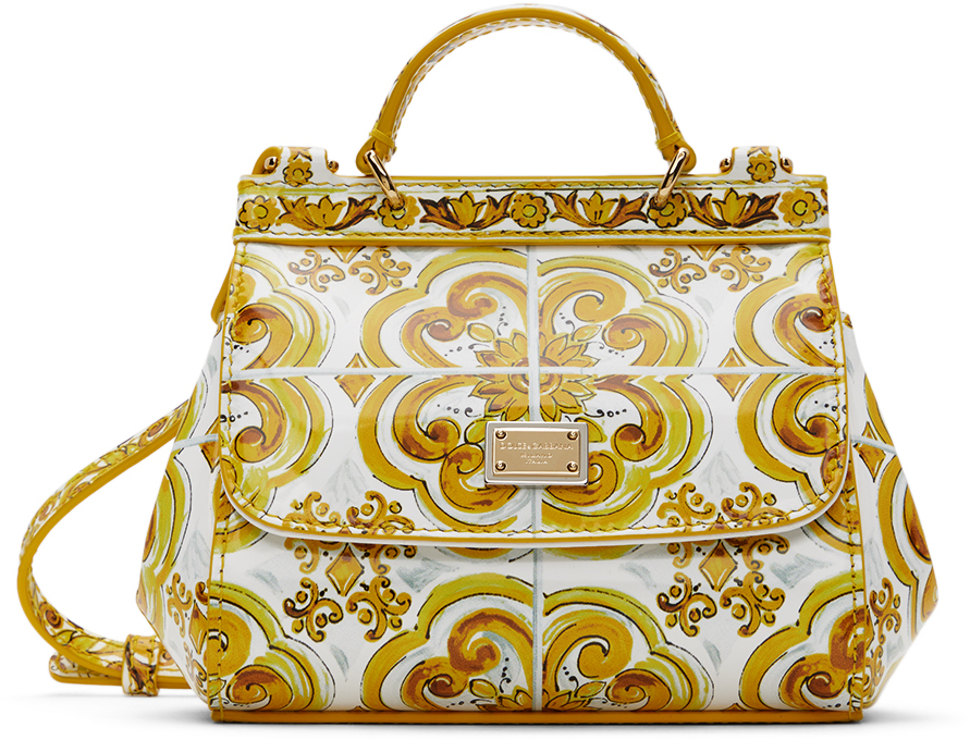 Dolce & Gabbana Kids Yellow & White Polished Calfskin Sicily Bag In Hg3ob Azulejos Giall