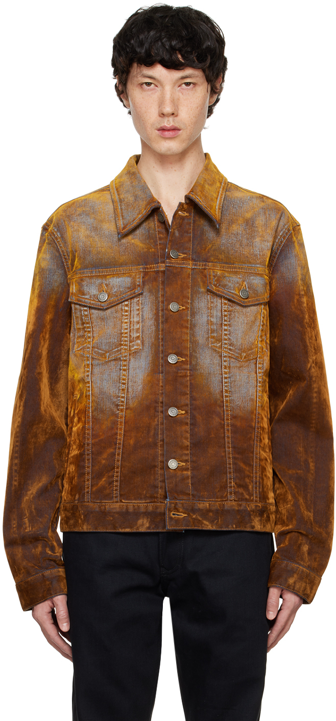 Shop Cout De La Liberte Orange Johnny Stretch Suede Denim Jacket In Di Niro Rust