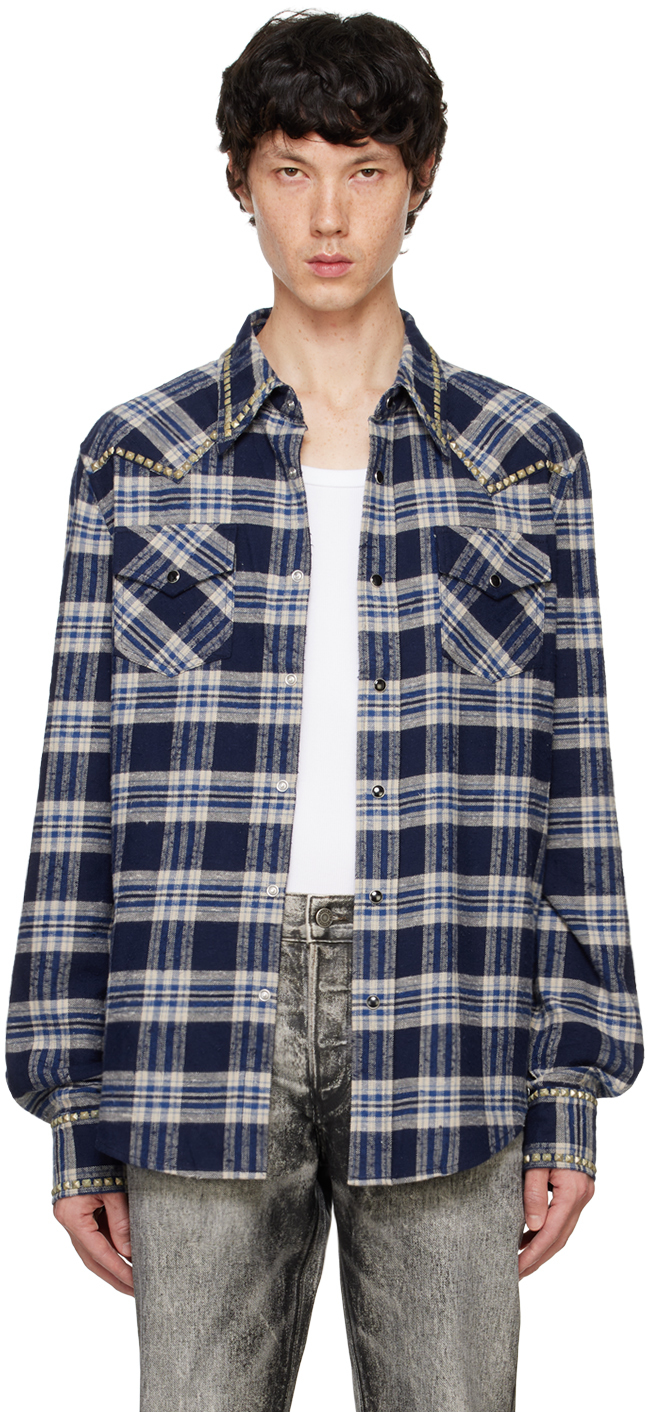 Blue Steve Diamond Studded Plaid Shirt