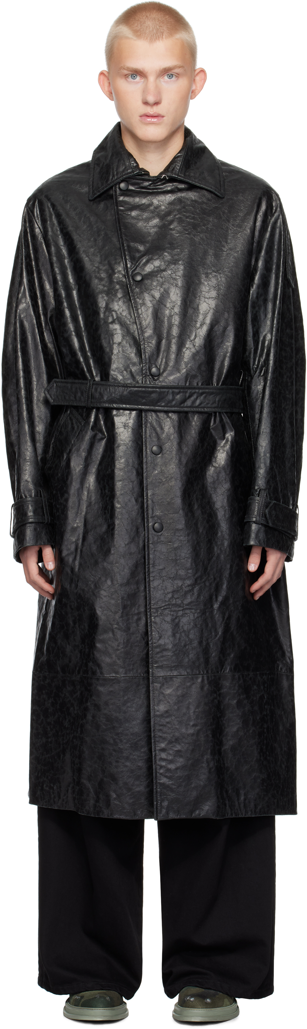 Black Paper Effect Leather Trench Coat