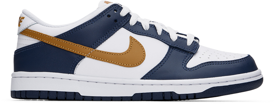 Nike Big Kids White & Navy Dunk Low Sneakers In 111 White/wheat-midn