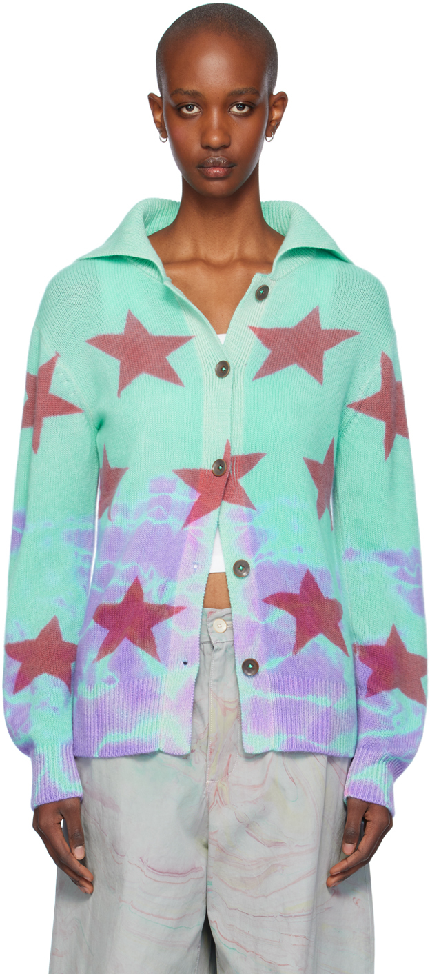 Shop The Elder Statesman Blue Star Dye Collar Cardigan In D266 Ivory W/ Bright