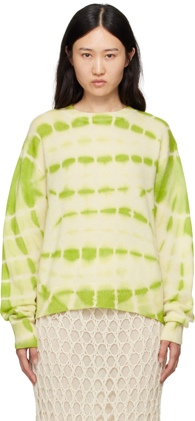 Shop The Elder Statesman Green & Off-white Trance Flare Sweater In Ivory W/ Wasabi