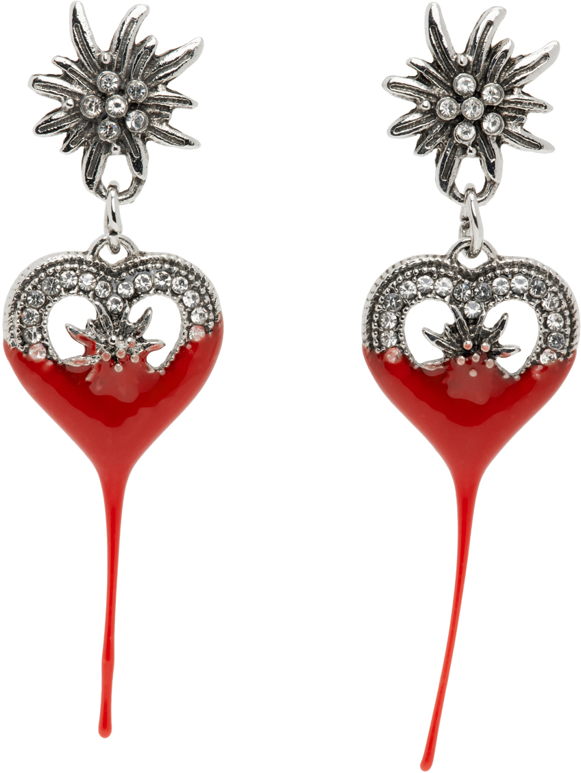 Silver & Red Dipped Flower Heart Earrings