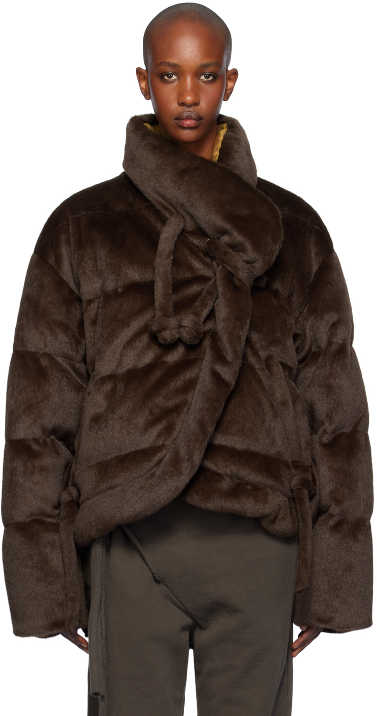 Brown Furry Strappy Puffer Down Jacket