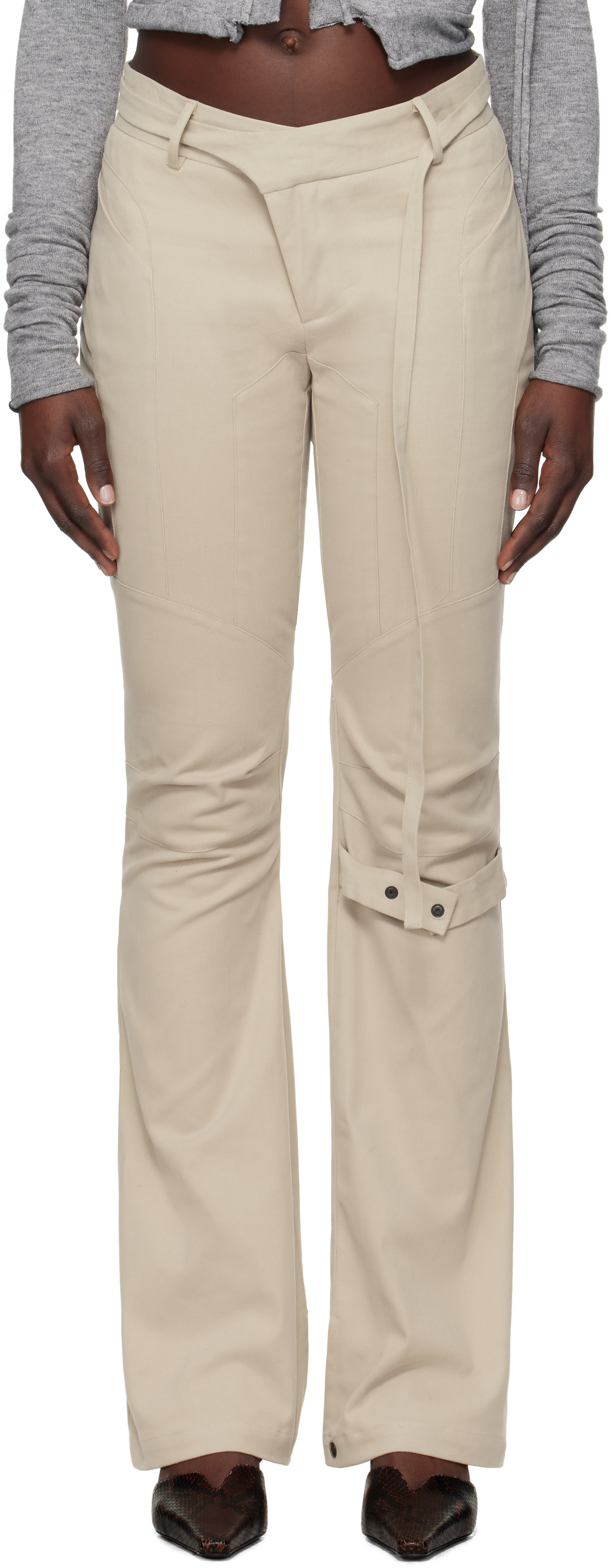 Beige Deconstructed Flared Chino Trousers