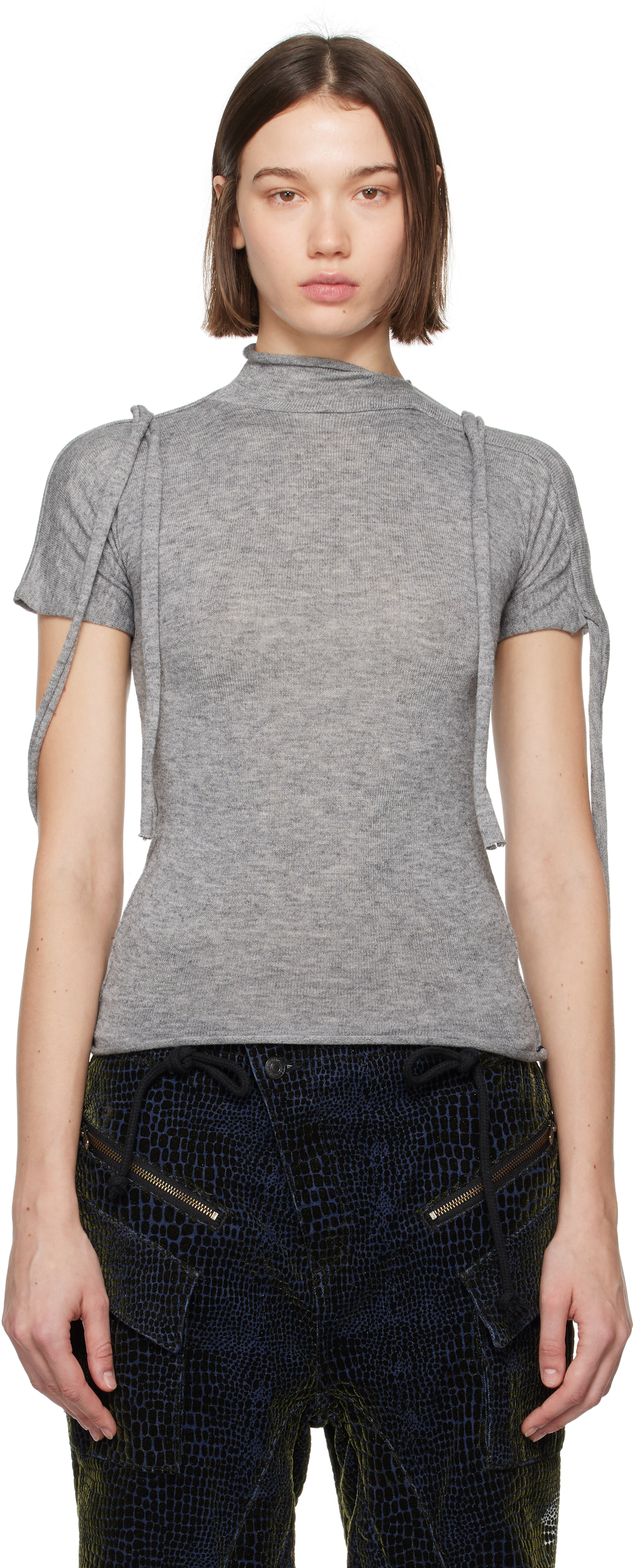 Gray Strap Knit T-Shirt