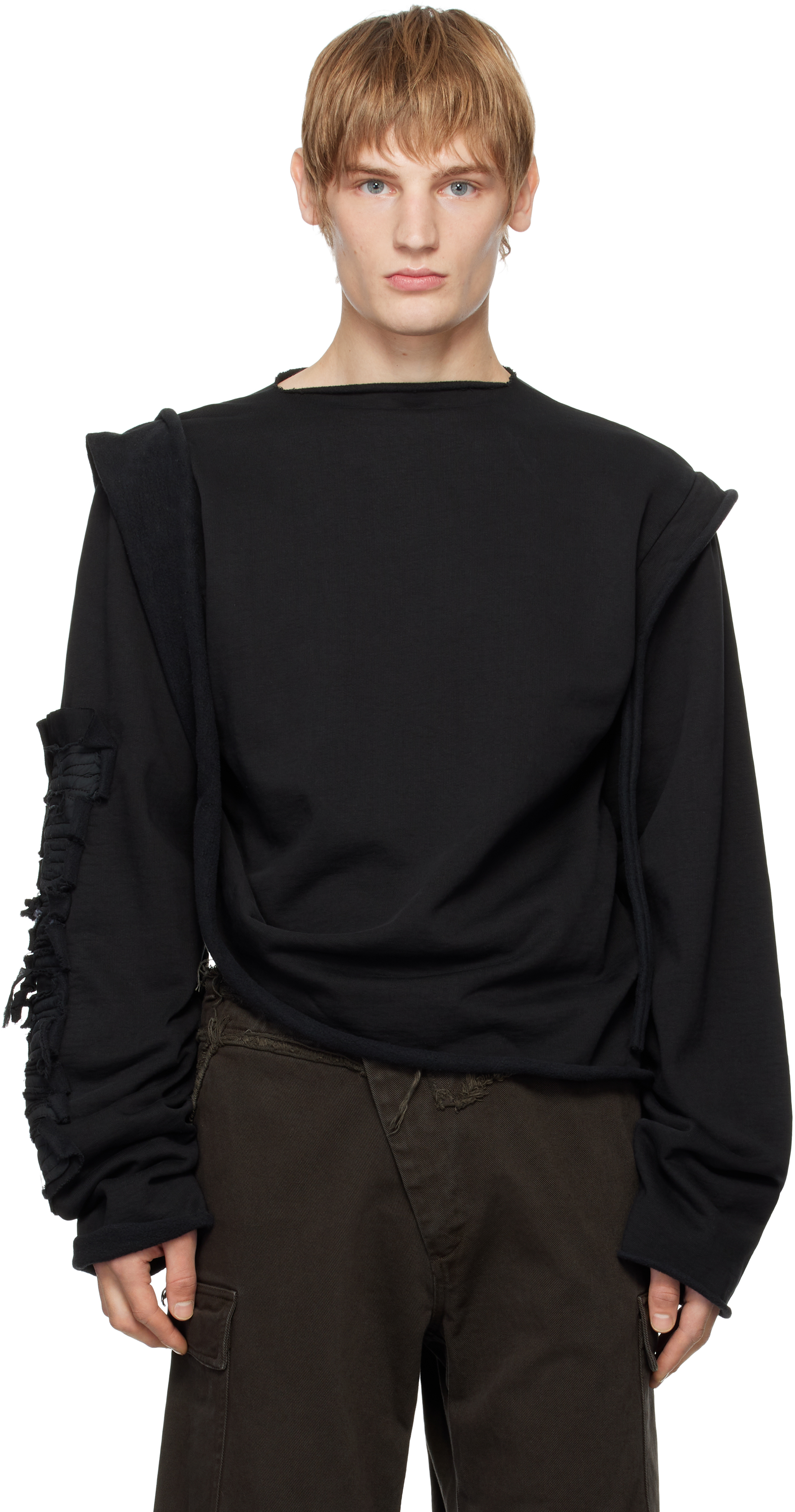 OTTOLINGER BLACK DISTRESSED DRAPE CREWNECK SWEATER 