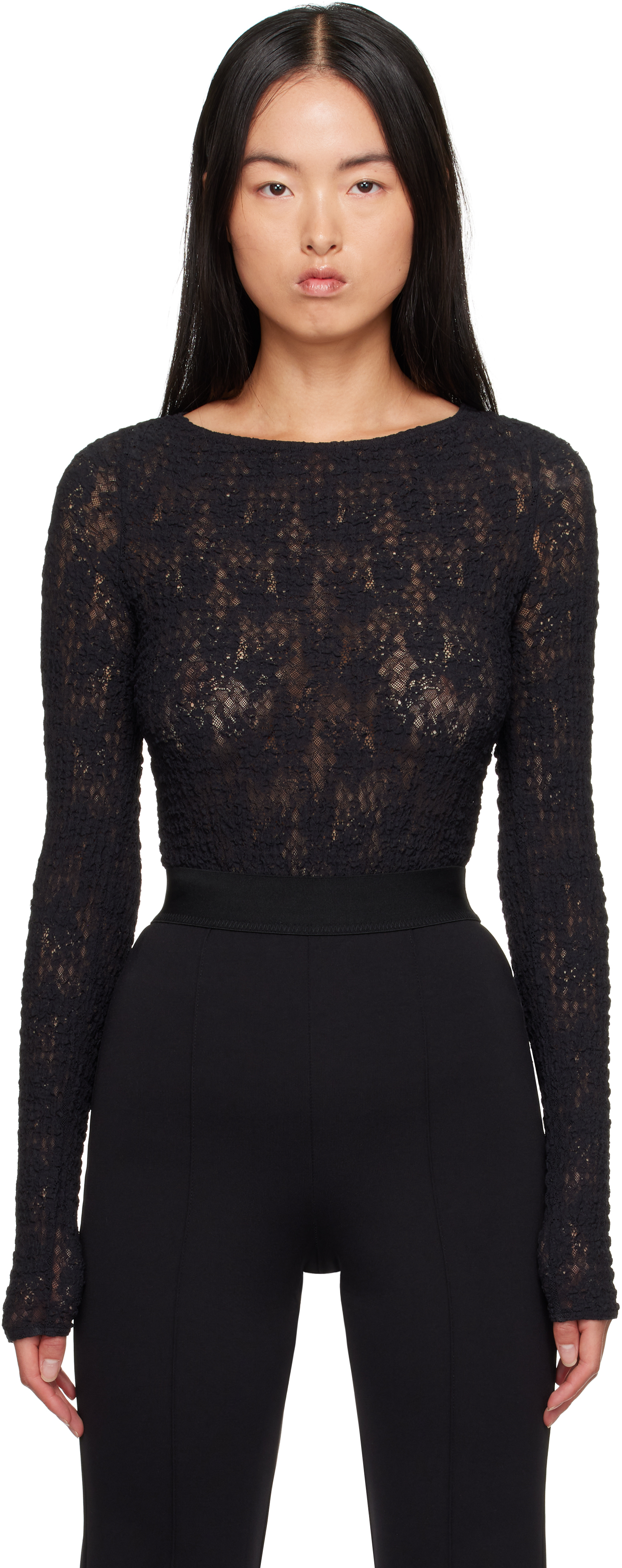 Black Structured Lace String Bodysuit