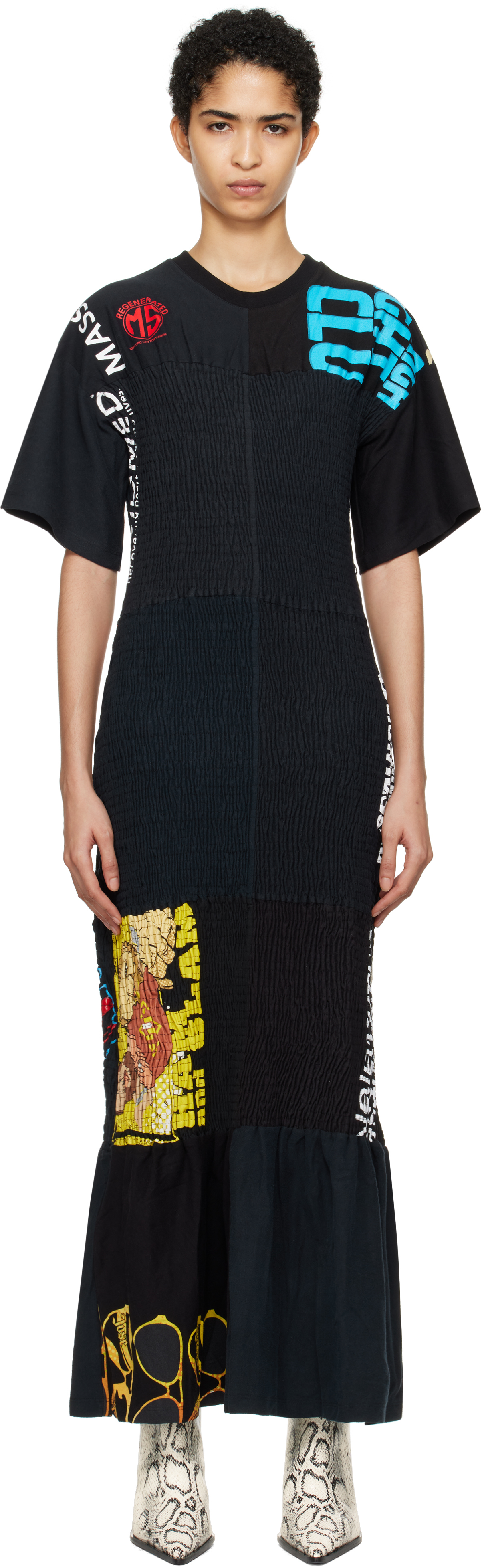 Black Upcycled Shirred Fitted Maxi Dress