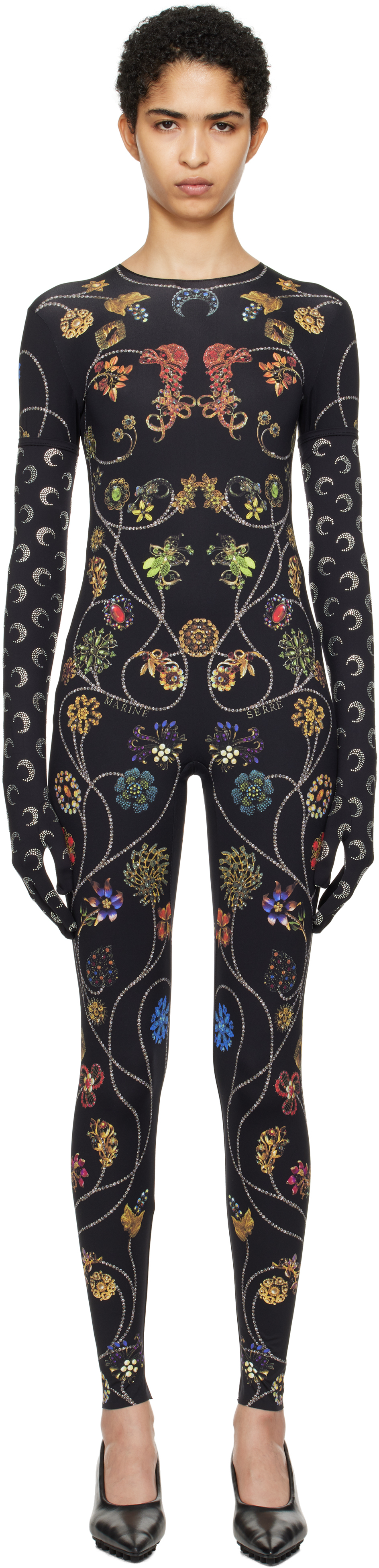 Shop Marine Serre Black Floral Jewelry Printed Jersey Bodysuit In Pt04 Black Jewelery